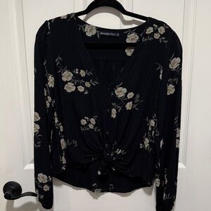 Abercrombie & Fitch Black Blouse with Cream Floral Print and Front Tie